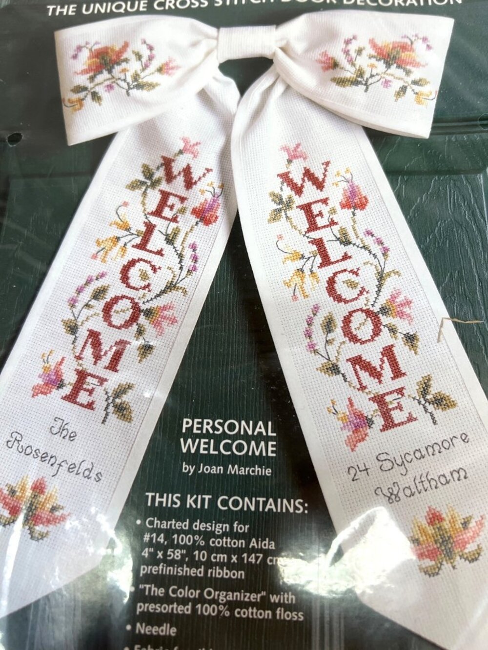 Bow Ties Cross Stitch Door Decoration Kit "Personal Welcome" Prefinished Ribbon